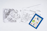 'Color Me Tía' coloring pages with a matching sticker bundle featuring Tía Verse characters, playful designs, and creative elements for kids