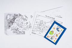 'Color Me Tía' coloring pages with a matching sticker bundle featuring Tía Verse characters, playful designs, and creative elements for kids