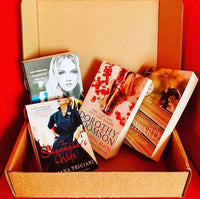 Brown subscription box filled with four young adult light reading books, featuring engaging stories and relatable characters for teen reader