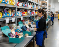 Warehouse team member hand-packing Senior Joy subscription boxes with care, comfort, and joy for seniors.