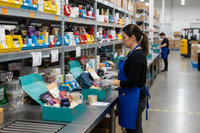 Warehouse team member assembling Senior Joy Box subscription boxes filled with colorful gifts for aging parents