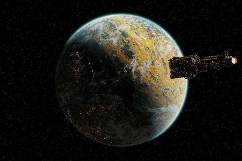 Science fiction image of a earth like looking planet with futuristic spaceship behind it and a black background.