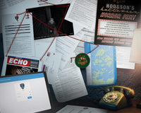 Photo of a wall that portraits mystery escape game about thrilling story. There is also a lamp on the photo on the right.