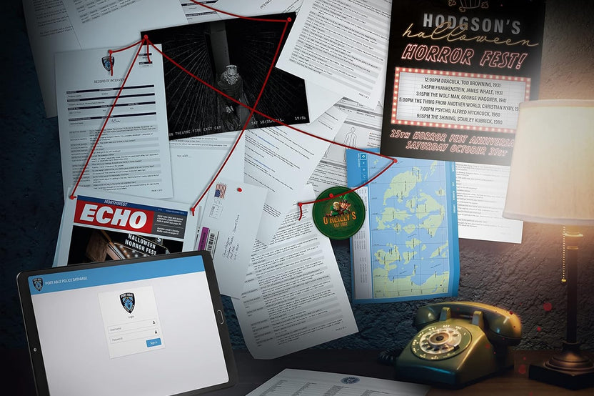 Photo of a wall that portraits mystery escape game about thrilling story. There is also a lamp on the photo on the right.