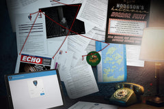 Photo of a wall that portraits mystery escape game about thrilling story. There is also a lamp on the photo on the right.