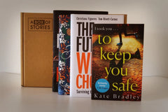 Brown subscription box filled with four surprise mystery books, featuring captivating stories and intriguing plots for genre enthusiasts.