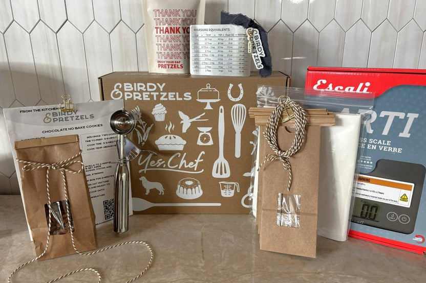 Crate 1: Baking with a Scale - Featured recipe: Chocolate no-bake Cookies. Crate contains all tools shown here!