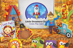 Branded image of the Little Dreamers Club Autumn Craft Box and select crafts included in the box for ages 3-5.