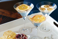 Drinks in martini glasses with freeze dried lemon slices. Freeze dried blood orange and pineapple slices in the foreground