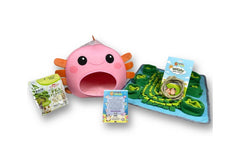 Pink and orange axolotl, green forage mat, pea flake treats and a sea grass circular spiral chew toy. blue insert card with details