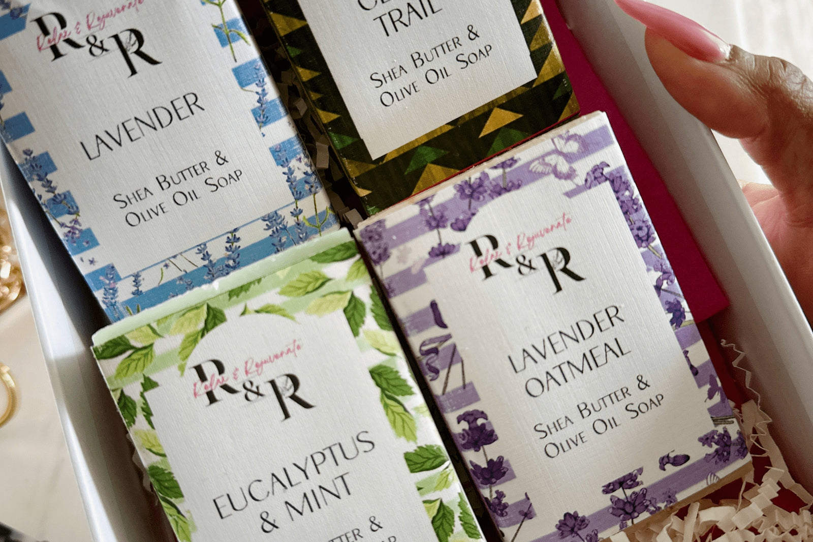 Smom's Lifestyle Soap Subscription -  Features Lavender for soothing relaxation, Eucalyptus Mint for clarity, cedar trail for grounding.