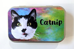 Outside label of one of the catnip tin variants. Featuring a black and white cat with the word catnip.