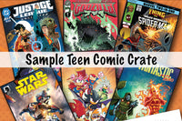 Assorted Teen comic books including Godzilla, Miles Morales Spider-Man, Justice League, and Fantastic Four on an orange background.