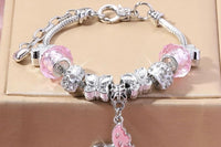 Silver and Pink CZ Butterfly Charm Bracelet — Dangling Pink Butterfly Charm, White Lotus Flower Beads, Friendship Bracelet, Gift for Her