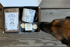 Box includes: one full-size bag of coffee , a themed lagniappe gift for the human and a sample treat for your furry friend