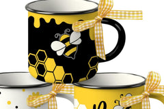 Bee themed mugs with honey bee and honeycomb designs that match the cheerful yellow style of the Bee Kind Appreciation Box.