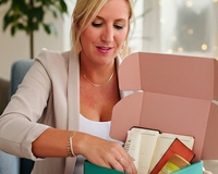 Senior Joy Box founder Lindsay Bednar holding the Welcome Box, symbolizing connection, care, and thoughtful gifting.