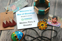 Box of Blessings featuring Mexico, Peru, Ecuador: Beaded Earrings, tagua/wood bracelet, beaded flower keychain, ocarina necklace