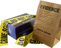 A blue box containing a forensikit is displayed on a white backdrop. There is crime scene tape and an evidence bag displayed