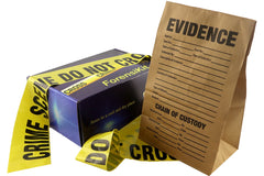 A blue box containing a forensikit is displayed on a white backdrop. There is crime scene tape and an evidence bag displayed