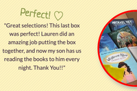 Colorful graphic showcasing the Reading Bug Box logo and subscription service details for children's books