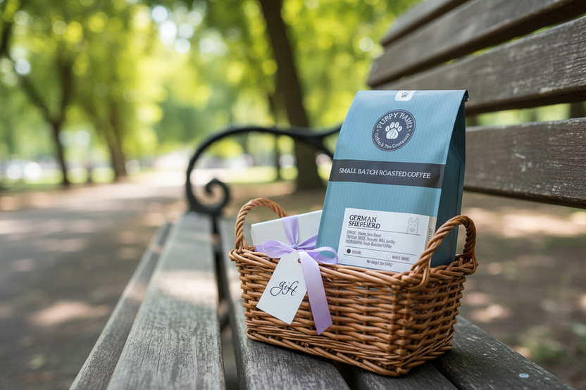 Box includes: 
one full-size  12oz bag of coffee , 
a themed lagniappe gift for the human 
and a sample treat for your furry friend