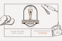 This image shows a label Risen Sourdough Starter Co.'s uses on its products. Telling the ingredients and expiration date!