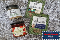 This picture contains two different seasoning mixes, one for dip and one for chuckwagon stew. It also shows German mustard and peach jam.