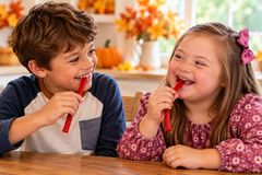 Two children share small pieces of strawberry Twizzlers candy,  a treat representing National Candy Day