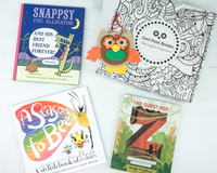 Owl Post Books kids book subscription box with holiday gift titles Snappsy the Alligator, A Season to Bee, and The Quest for Z.