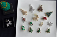 Festive Christmas Brooch Gift Set.Holiday Collection with Tree, Hat, Gloves and Reindeer in Gift Box