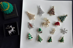 Festive Christmas Brooch Gift Set.Holiday Collection with Tree, Hat, Gloves and Reindeer in Gift Box