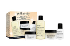 Skin care set gift box from a popular brand called the philosophy. There are 4 products all with natural tone colors.