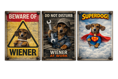 Example Cult of Wiener subscription box showing sample wiener themed items. Boxes ship monthly, with rotating themes each month.