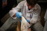 A child in a lab coat and gloves is on the floor, pouring plaster into a foot impression made in biofoam. 