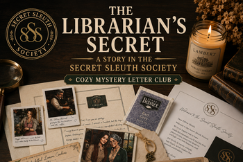 Monthly mystery letter club featuring cozy mystery storytelling, puzzles, postcards, keepsakes, and audio narration.