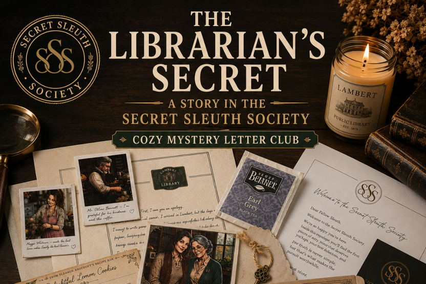 Monthly mystery letter club featuring cozy mystery storytelling, puzzles, postcards, keepsakes, and audio narration.