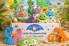Branded image of the Little Dreamers Club Dinosaur Adventure Craft Box and select crafts included in the box for ages 3-5.
