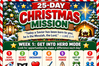 25-day Christmas Hero Mission for kids featuring daily Bible-based challenges, kindness activities, and faith-filled encouragement.