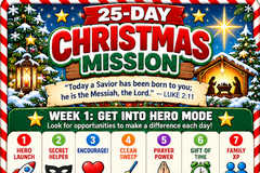 25-day Christmas Hero Mission for kids featuring daily Bible-based challenges, kindness activities, and faith-filled encouragement.