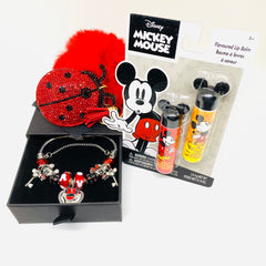 Disney Anniversary Bundle: Vintage Silver Red & Black Charm Bracelet, Mickey Mouse Chapstick and Keychain