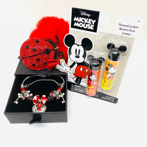 Disney Anniversary Bundle: Vintage Silver Red & Black Charm Bracelet, Mickey Mouse Chapstick and Keychain