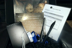 This is a  9x6.5x2 box that includes the material necessary to complete the two cases for you to delve into Computer Forensics.