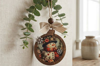 Handcrafted vintage-style wooden ornaments featuring art paper designs, finished with rustic details