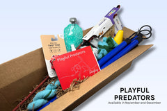 A Playful Predators Discovery Kit includes a caveletti set, a flirt pole, a tug toy, a squeeze pouch for treats, and squirrel scent spray.