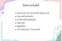 Item included with the surprise book subscription with annotation supplies and bookmarks.