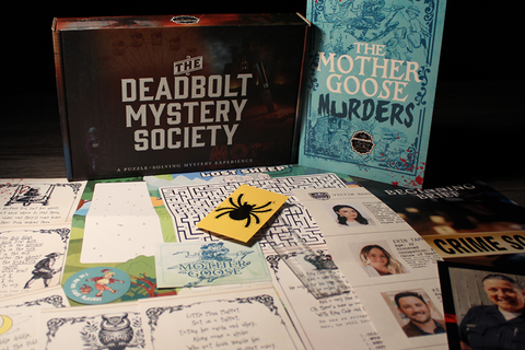 The Deadbolt Mystery Society monthly box with The Mother Goose Murders game components and clues for a murder mystery experience