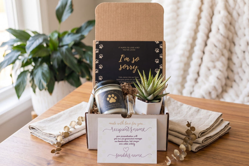 Cat Memorial Gift Box - Pet Loss Sympathy Care Package with Live Succulent & Candle