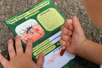 Child drawing on a Bug Badges “Mosquito” Discovery Hints card on the ground—hands-on outdoor bug hunt activity for kids