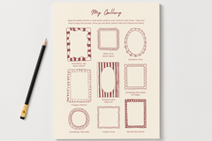 My Gallery notepad page with nine hand-drawn frames to fill in with drawings or notes, like a happy memory